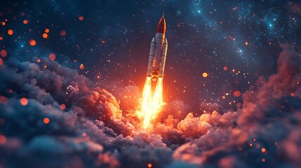 3D render of a new product launch: a space rocket lifting off, symbolizing technological advancement with intricate details and vibrant ignition