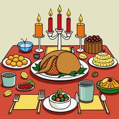 Elegant Thanksgiving Table Setting Featuring Roast Turkey, Stuffing, Cranberry Sauce, and Festive Décor art vector illustration