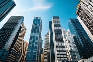 Fototapeta premium Modern Skyscrapers in the City: A View from Below