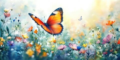 Watercolor Painting of a Butterfly in a Field of Flowers