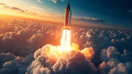 Tech innovation in action, 3D render of a space rocket launch, illustrating the development process with a high-tech rocket and dramatic liftoff