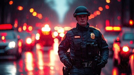 Naklejka premium Police Officer in the Rain