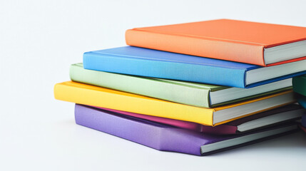 Assorted colorful books stacked together on a white surface.