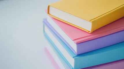 Assorted colorful books stacked together on a white surface.