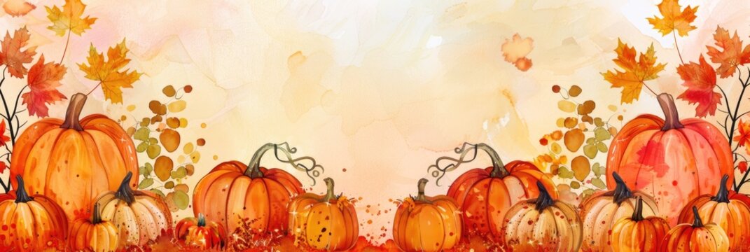 A whimsical banner featuring a pumpkin patch scene, with pumpkins of various sizes and colors, and a clear area for adding custom messages 