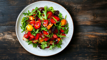 Plate with tasty salad made with fresh arugula, tomatoes and herbs on rustic wooden table