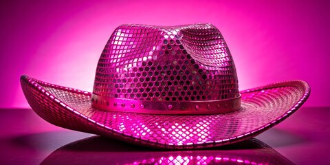 Pink Sequined Cowboy Hat on Pink Background, hat, pink, sequined, cowboy