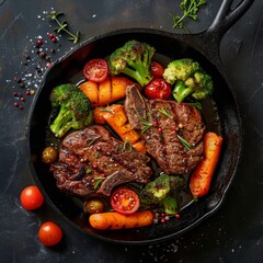 Cooked on a cast iron skillet, grilled beef steak served with carrots, cherry tomatoes, broccoli