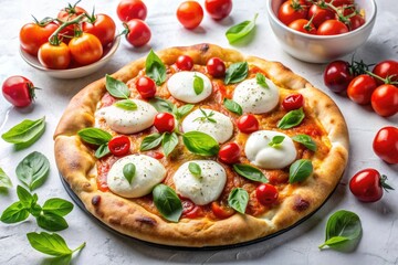 Freshly baked pizza topped with creamy Burrata cheese, fresh basil, and cherry tomatoes, arranged artfully on a crisp white background, awaiting a satisfying bite.