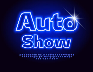 Vector neon signboard Auto Show. Electric Blue Font. Modern Glowing Alphabet Letters and Numbers. 