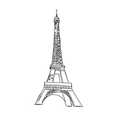 Fototapeta premium Eiffel tower in France straight view, doodle line sketch,