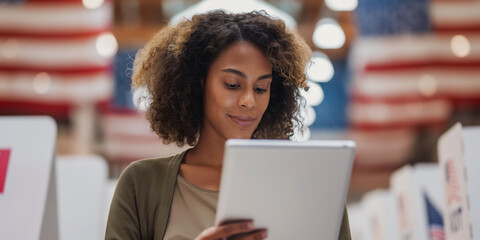 Lifestyle portrait of black woman voter using digital tablet at election office with flags and voting machines for democracy