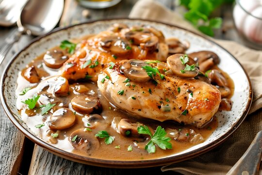 Chicken breast with mushrooms and parsley on a white plate