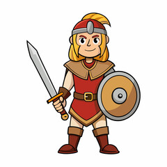 Heroic Warrior A Realistic Depiction with Sword and Shield on a White Background art vector illustration