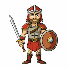 Heroic Warrior A Realistic Depiction with Sword and Shield on a White Background art vector illustration