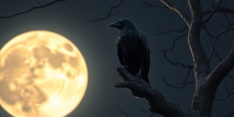 Fototapeta premium Crow on Gnarled Branch Under Full Moon
