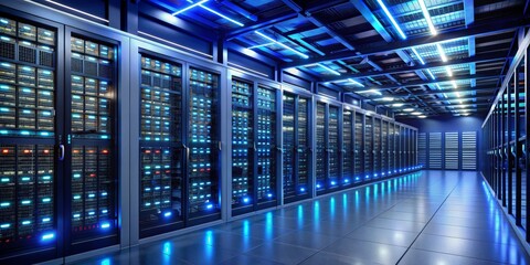 Obraz premium Server Room Interior Rows of Blue Lit Cabinets, Data Center, Technology, Networking, Network