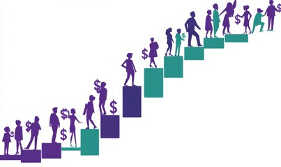 People climbing stairs with dollar signs representing financial growth and success