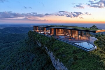 This image showcases a modern, stylish glass house situated on a hilltop with an infinity pool, offering breathtaking panoramic views of the surrounding lush greenery and expansive horizon.