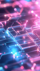 Obraz premium A computer chip with a blue and pink background. The image is a close up of the chip and the colors are bright and vibrant. Concept of technology and innovation