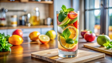 Freshly mixed drink with sparkling water, colorful fruit slices, and green mint leaves, served in a transparent glass on a modern kitchen counter.