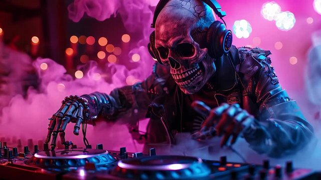 Skeleton dj wearing headphones mixes music on a dj mixer in a nightclub filled with pink and blue lights and swirling fog, creating a vibrant and spooky atmosphere for the halloween party