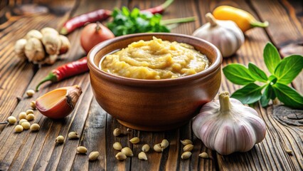 Freshly prepared aromatic ginger garlic paste in a small ceramic bowl on a wooden background, ready to add flavor to various culinary dishes.
