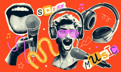 Collage of trendy halftone elements, 90s music, retro nostalgia. trendy Y2K elements with antique statue singing in mike. Paper torn out stickers. Vector illustration. © LanaSham
