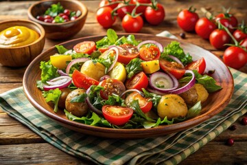 Freshly prepared baked potato salad with vegetables, tomatoes, onions, and mixed greens, topped with vinaigrette dressing, served on a rustic wooden table with copy space.