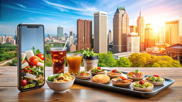 Freshly prepared foods and drinks displayed on a mobile phone screen, with a cityscape background, highlighting the convenience of online food ordering services.