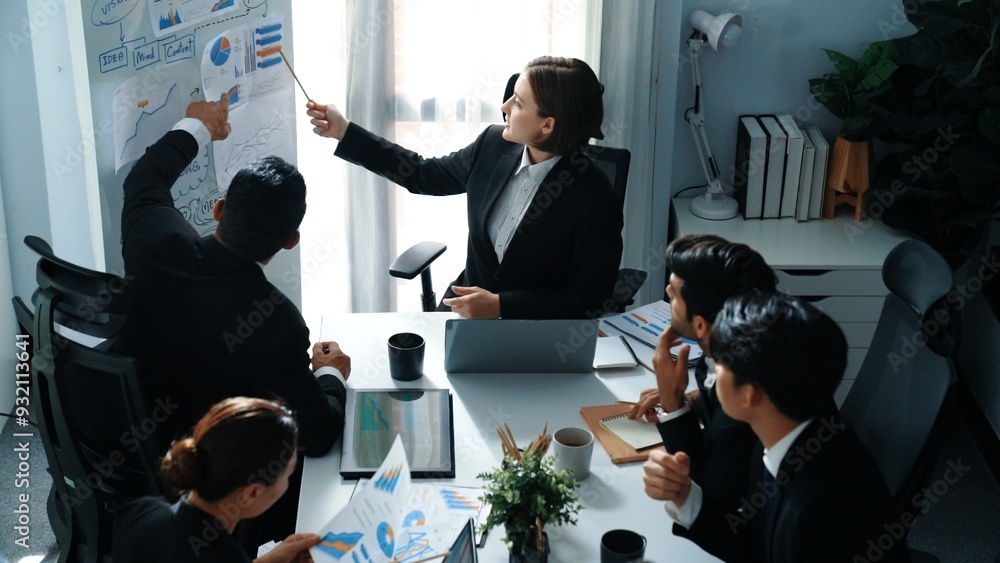 Poster top view of professional businesswoman pointing mind map and investment chart at whiteboard while lo