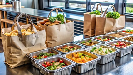 Freshly prepared meals packed in sturdy bags and containers, ready for customers to grab and go, on a modern restaurant's carry-out counter.