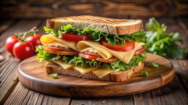 Freshly prepared sandwich with crispy bread, juicy turkey, melted cheese, lettuce, and tomato, served on a rustic wooden plate, ready to be devoured.