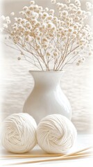 Three balls of yarn in neutral shades rest beside knitting needles and dried flowers on a bright surface, capturing a serene, minimalistic, boho vibe