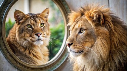 The Lion's Reflection, Mirror, Cat, Animal, Wildlife
