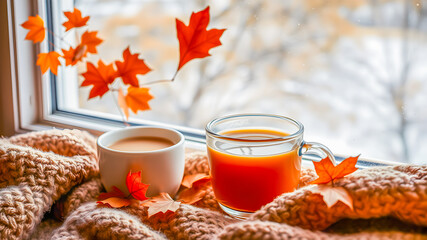 Morning mood with coffee cup fall colorful leaves by the window on autumn day. Idyllic tranquil relaxing background, inspirational, meditation start the day in a good mood concept design. AI generated
