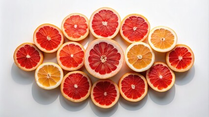 Freshly sliced grapefruit halved and arranged in a circular pattern, juicy pulp and seeds exposed, on a crisp white background with subtle shadows.
