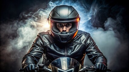 Obraz premium The Shadow Rider, Black Leather Jacket, Smoke and Light, Motorcycle, Speed, Adventure, Risk