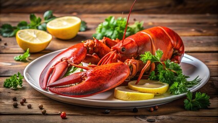 Freshly steamed whole lobster on white plate with lemon wedges and butter, garnished with parsley, on rustic wooden table against blurred background.