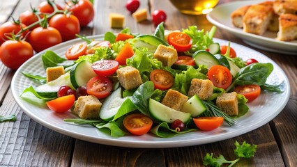 Fresh mixed greens, cherry tomatoes, cucumber, and carrots are artfully arranged on a crisp white plate, garnished with a light vinaigrette and a sprinkle of croutons.
