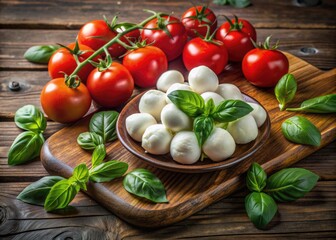 Fresh mozzarella cheese balls surrounded by vibrant green basil leaves and juicy red tomatoes, arranged on a rustic wooden table, evoking a warm Italian summer.