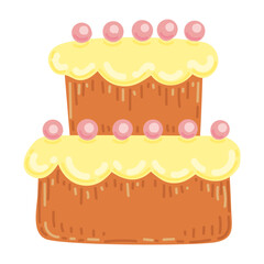 Cake hand drawn flat. Festive dessert with cream. Sweet pastry. Birthday cake. Food for the holiday. Sugar biscuit. Baker. Vector art image.