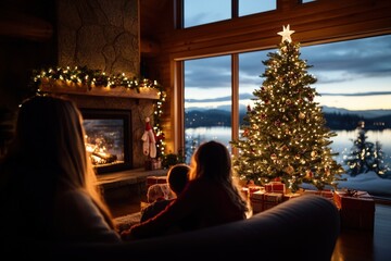 A family gathers by a beautifully decorated Christmas tree near a fireplace at dusk, with large windows offering an enchanting view of the snowy outdoors, celebrating togetherness.