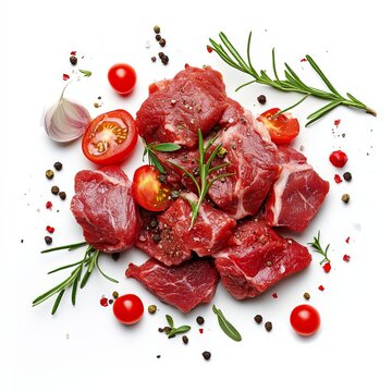 recommend clip art: Raw beef stew meat silhouette in a scattered arrangement, floating on a white background.