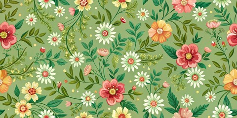 Vibrant Floral Pattern on Green Background, White Daisies, Peach and Red Flowers, Green Foliage, seamless, floral pattern, botanical