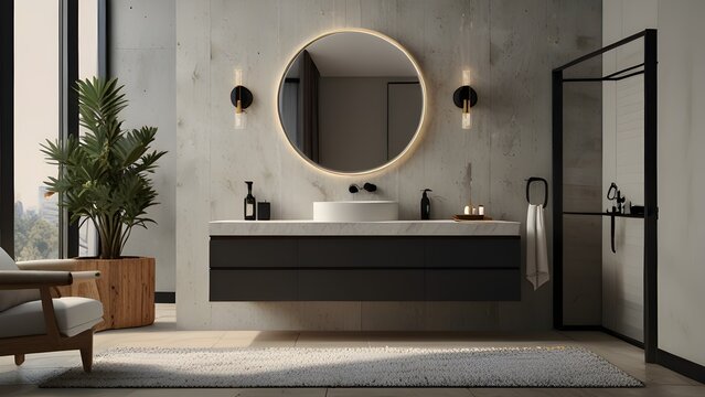  Modern bathroom vanity with sink, mirror, and toiletries on a light background, showcasing a minimalistic interior. 3D Rendering 