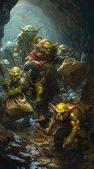 Fototapeta premium Goblins are hurriedly making their way out of a cave with bags of stolen treasure
