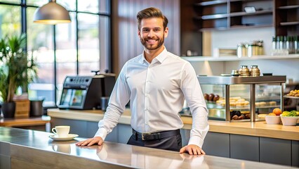 Friendly and approachable server with a bright smile, wearing a crisp uniform, stands behind a counter, ready to provide exceptional customer service.