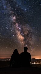 A couple sits together, gazing at the star-filled sky above a distant city