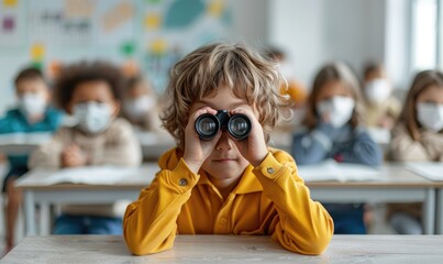 Curious Kid in School Uniform Using Binoculars in a Bright Classroom